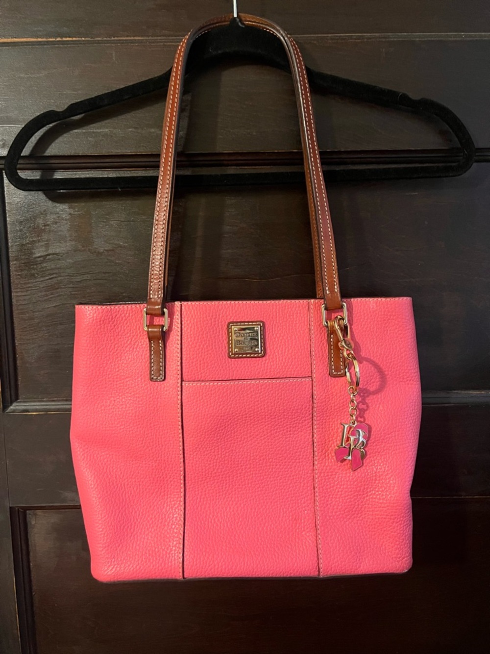 Dooney & Bourke Pink Leather Tote with Brown Handles and Charm